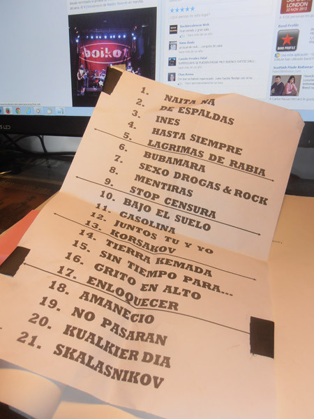 Repertorio de Boikot en Rock City, Valencia. 2013.